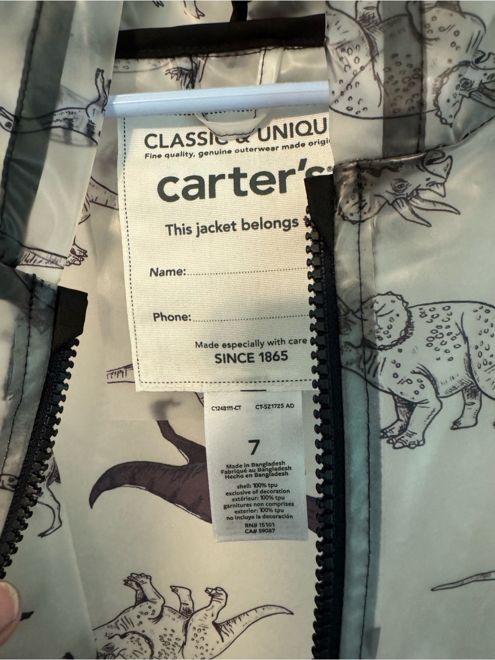 Carter’s Boys Dinosaur Rain Jacket Size 7 🌧️ Clear Hooded Zip Raincoat LiKe NEW - Picture 9 of 9